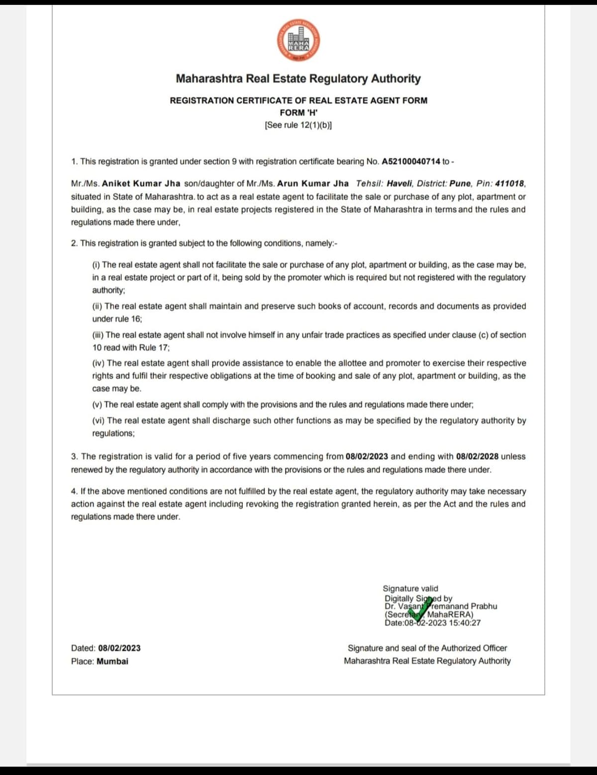 MahaRERA Registration Certificate — Aniket Kumar Jha